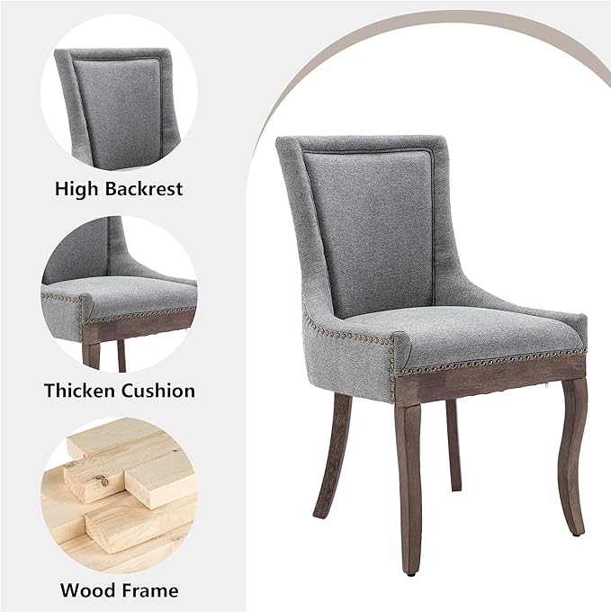 Farmhouse Dining Chairs Set of 6, Upholstered Fabric Dining Room Accent Chairs with Wood Legs & Bronze Nailhead, High Wingback Kitchen Chairs for Living Room Hotel Apartment, Gray