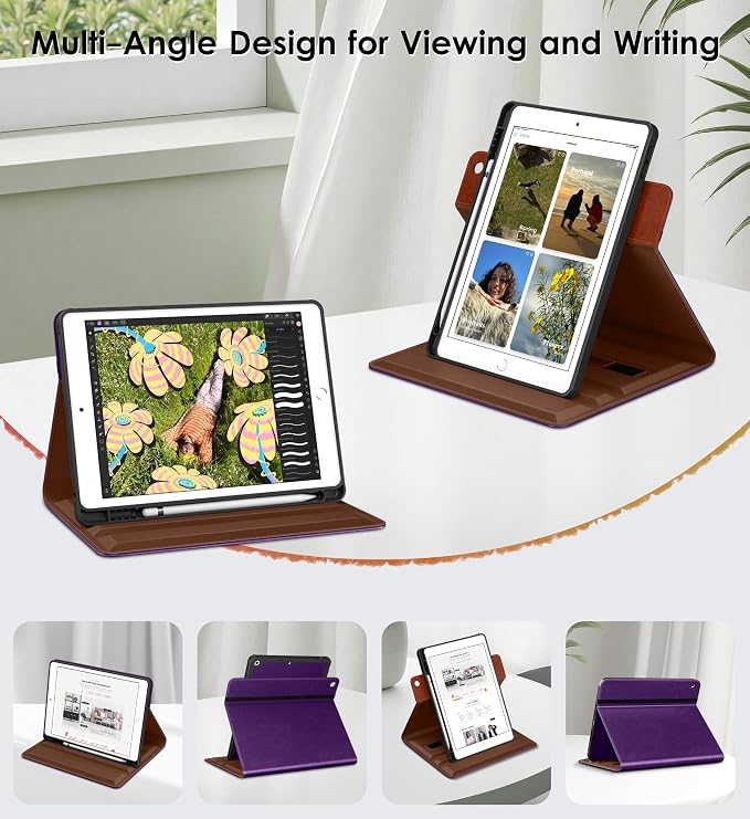 DTTO for iPad 9th/8th/7th Gen Case 10.2 Inch (2021/2020/2019) Brown | 360 Degree Rotating Premium Faux Leather Folio Stand Cover with Pencil Holder Auto Sleep/Wake Multiple Angles Hand Strap