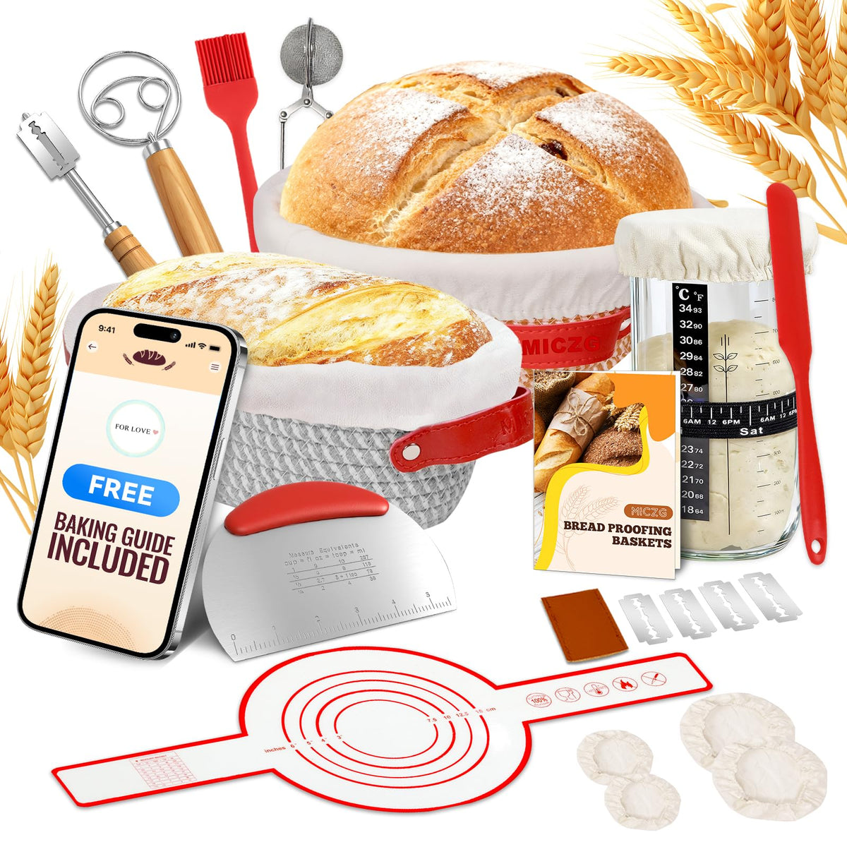 Sourdough Starter Kit, Sourdough Bread Baking Supplies, Sourdough Kit Home and Kitchen, Sourdough Bread Basket, Sourdough Starter Jar,Sour Dough Kit Tools,Bread Proofing Basket, Sourdough Jar