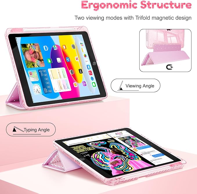 Mektron Sparkly Case for iPad 10.2 inch Glitter Tablet Cases for iPad 9th Gen 2021/8th Gen 2020/7th Gen 2019 Cover with Shiny Clear Back Shell Foldable Bling Smart Cover Blue Floral