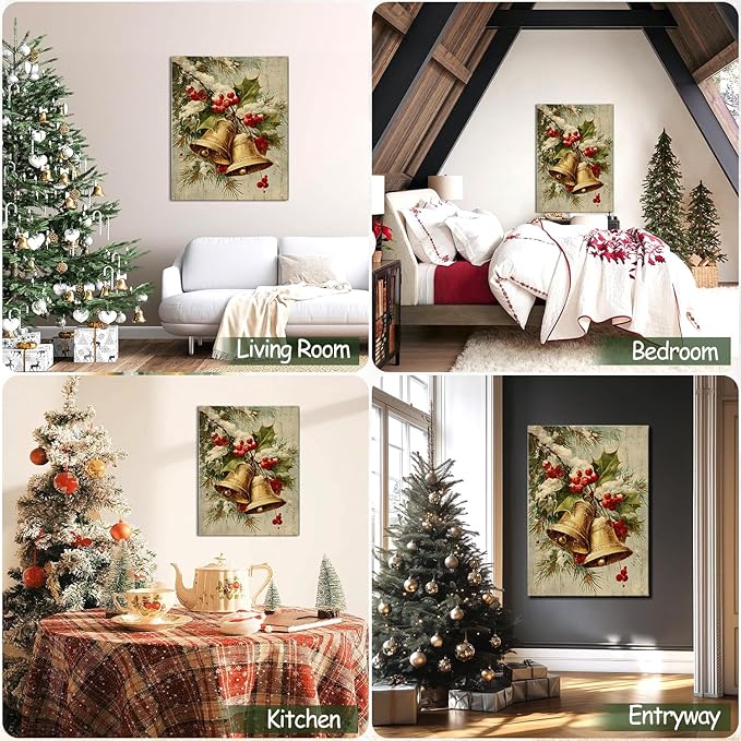 Vintage Golden Bells & Holly Berries Christmas Canvas Wall Art - Rustic Winter Holiday Framed Print for Living Room, Elegant Christmas Wall Decor, Ideal Christmas Gifts & Festive Decorations