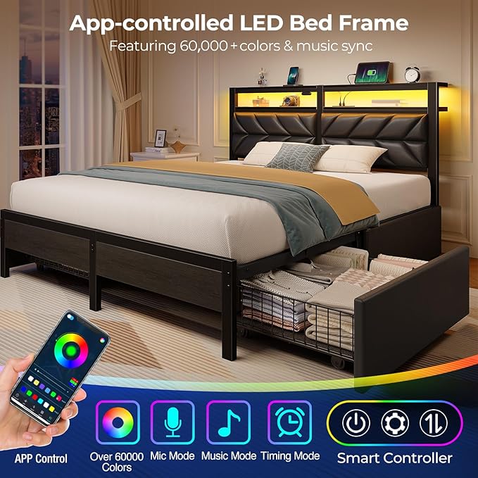 Seventable Full Size Bed Frame with 4 Storage Drawers, Charging Station & LED Lights, Upholstered Headboard with 2-Tier Shelves, Metal Platform Bed, No Box Spring Needed, Noise-Free, Black