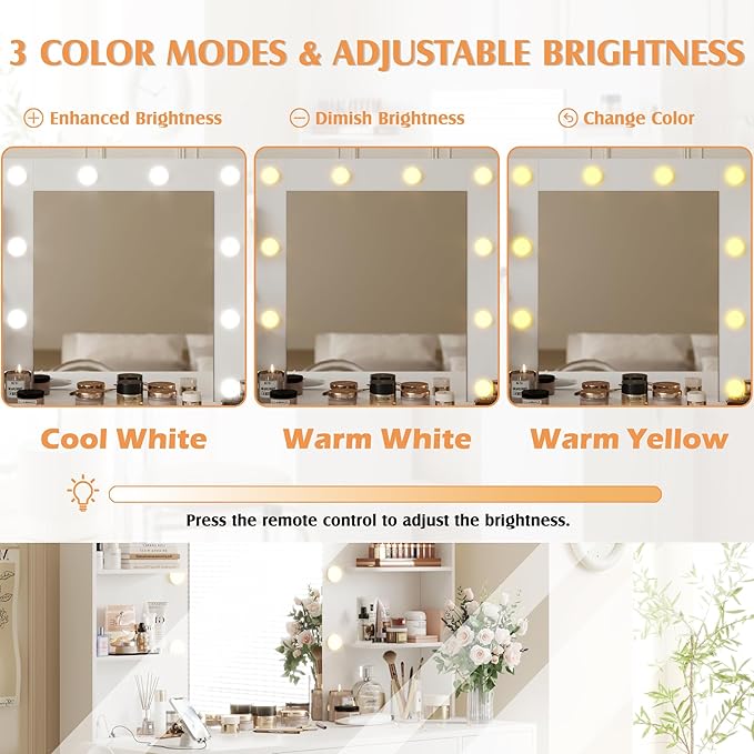 YESHOMY Vanity Desk with Mirror, Power Outlet and 10 Lights, Makeup Table with 7 Drawers, 3 Color Modes Available for Bedroom, Clear White