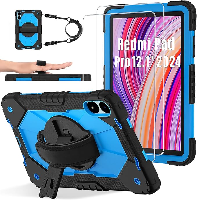 for Xiaomi Redmi Pad Pro 12.1/Xiaomi Poco Pad 12.1 Case with with Kickstand/Hand Strap/Rotating/Shoulder Strap (Black/Black)