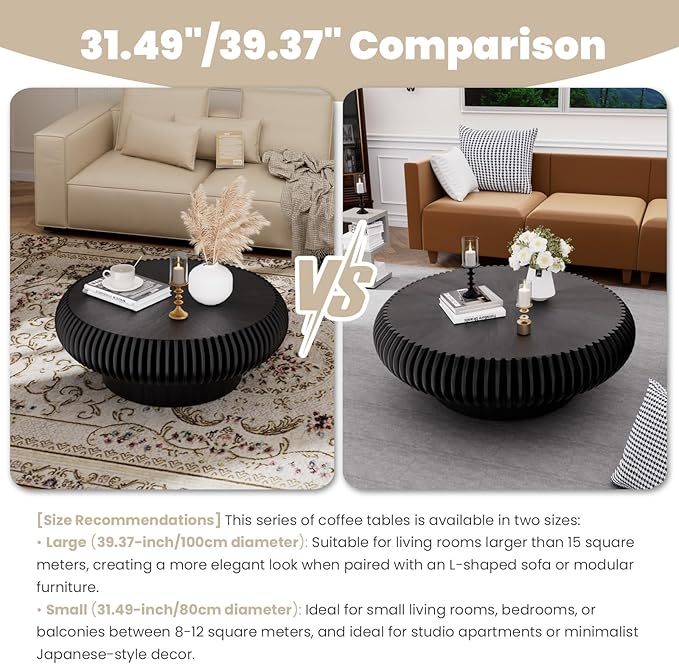 Round Fluted Coffee Table Modern Handcraft Drum Coffee Table with Sturdy Pedestal 31.5" Farmhouse Center Table Tea Table for Living Room, Reception Room, Entertainment Room (Black 31.5 inch)