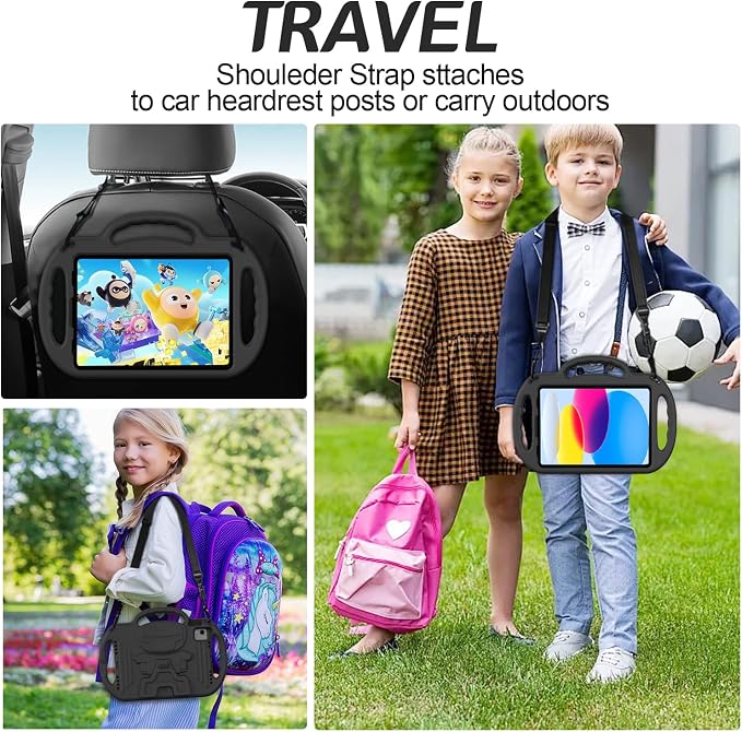 AVAWO Kids Case for iPad (A16) 11th Generation 11 Inch 2025 iPad 10th Generation 10.9 2022 Shockproof Rugged Protective Cover with Shoulder Strap/Handles/Kickstand for i Pad 10/11 Gen Black