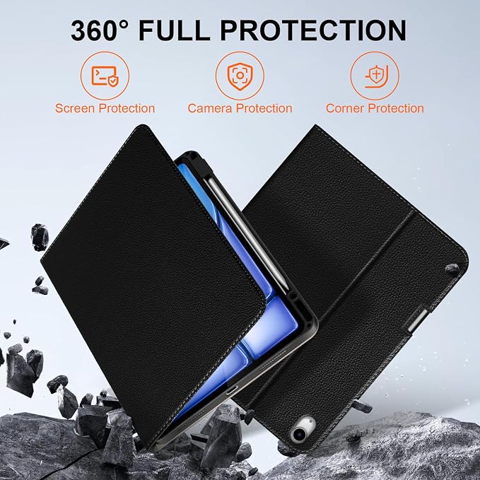Leather Case for iPad Air 13 Inch M4/M3/M2 (2026/2025/2024) | Leather Protective Shockproof Smart CoverApple Pencil HolderAdjustable Stand - Auto Wake/SleepMultiple View AnglesBlack