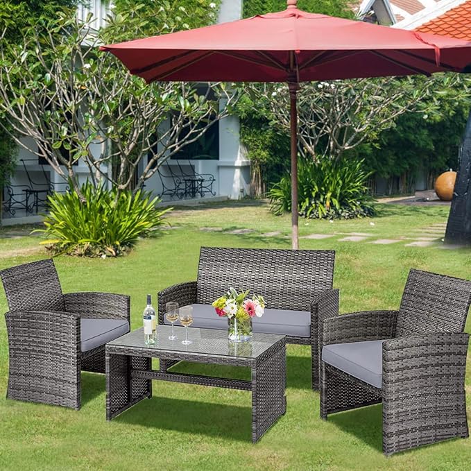 Tangkula 4 Pieces Patio Wicker Conversation Furniture Set, Patiojoy Sofa & Table Set w/4 Seats, Outdoor Rattan Sofa Set for Balcony Backyard, Wicker Chair Set with Tempered Glass Coffee Table