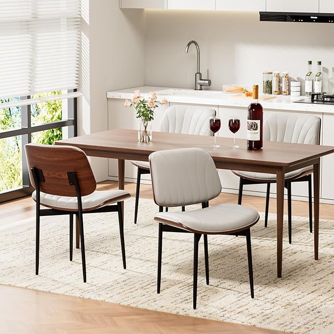 Dining Chairs Set of 2, Mid-Century Modern Upholstered PU Leather Chairs with Walnut Bentwood Back and Metal Legs Adjustable Feet for Kitchen Dining Room, Off-White Shell Strips