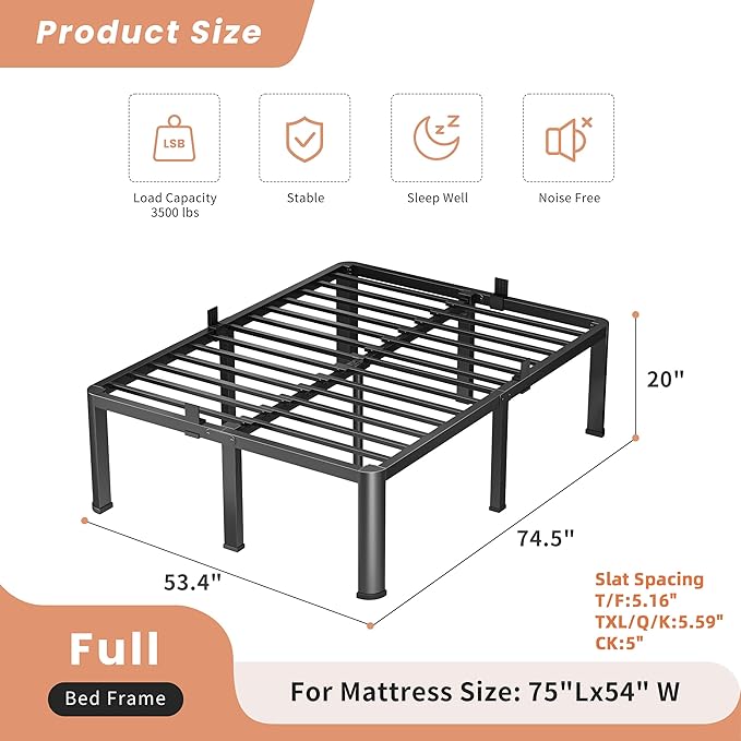 20 Inch Full Heavy Duty 3500 lbs Bed Frame with Round-Corner Legs & Anti-Squeak Design – Quick Assembly Metal Platform, No Box Spring Needed