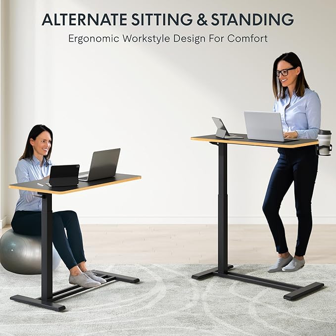 FLEXISPOT Mobile Standing Desk with Wheels Pneumatic Laptop Desk Rolling Computer Cart Movable Height Adjustable Small Sit Stand Desk Computer Workstations Home Use（27.6" W x 15.7" D, Black+Maple