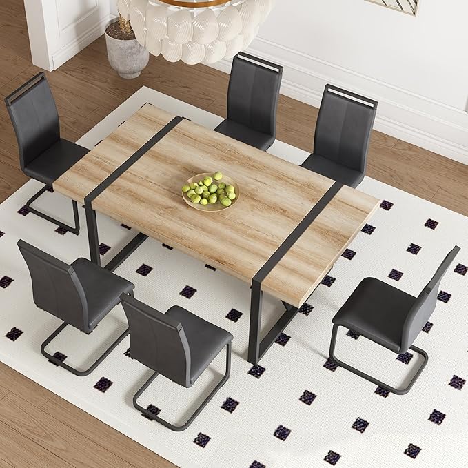 Dining Table Chairs Set for 6, Modern Rectangular Dining Room Table Set PU Leather Upholstered Dining Chairs 71" Dinner Table Set for Kitchen (Black, 71 Inch Brown Table+6 Chairs)