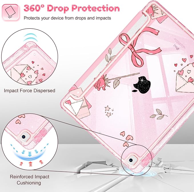 Case for iPad 9th/ 8th/ 7th Generation 10.2-Inch Case(2021/2020/2019 Release) Glitter Tablet Cases with Transparent Acrylic Back+Trifold Stand+Pencil Holder+Auto Wake/Sleep Bows-Stripe