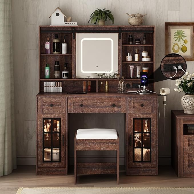 Fameill 45.5'' Farmhouse Makeup Vanity Desk with Sliding Mirror, Vanity Table with 3 Drawers and 2 Cabinets, Charging Station & LED Lights, Storage Shelves, Stool Included, Dressing Table for Bedroom