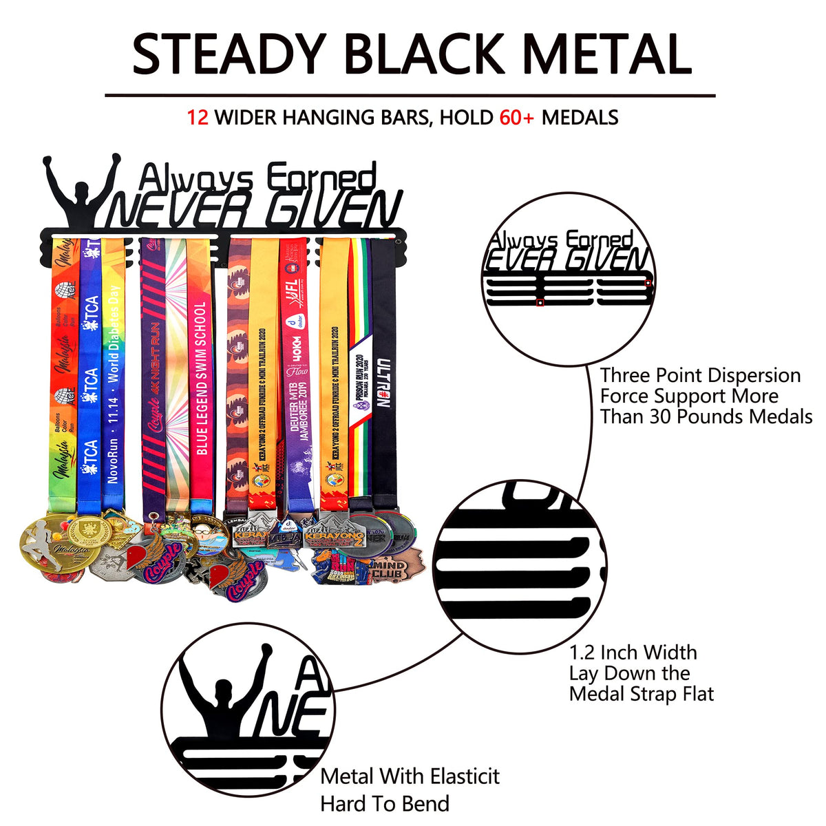 Goutoports Medal Holder Display Hanger Award Ribbin Rack for Sport Race Runner - Always Earned Never Given - Wall Mount Hold Up 60 Medal Hanger Display for Athlete Easy to Install