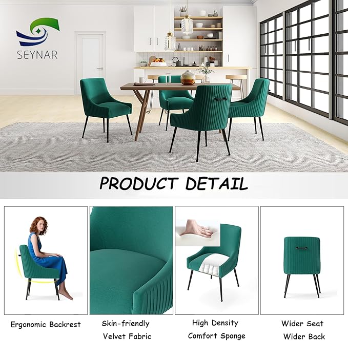 Dining Chairs Set of 4,Modern Velvet Accent Kitchen Chairs,Dark Green Striped Dining Chairs with Black Legs Upholstered Guest Chairs for Living Room/Kitchen/Restaurant/Study Room