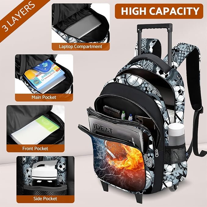 Boys Rolling Backpack for Kids - American Football Kids Rolling Backpack with Wheels for Elementary Middle School Students - Roller School Bookbag Aged 6-18, Wheeled Travel Bag Large Capacity