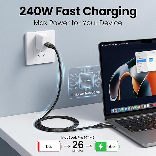 1.5FT Short 40Gbps USB C Data Transfer Cable [High-Speed Secure Stable] USB 4 Cable 8K USB C Video Cord 240W PD Fast Charging for MacBook Pro Lenovo HP Dell SanDisk Samsung T9 SSD