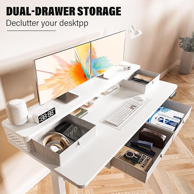 Electric Standing Desk with 4 Drawers 48''x 24'' Adjustable Height Sit to Stand Up Desk with Storage Shelf, C-Clamp Mount Compatible Black Home Office Desks Computer Gaming Table Ergonomic Workstation