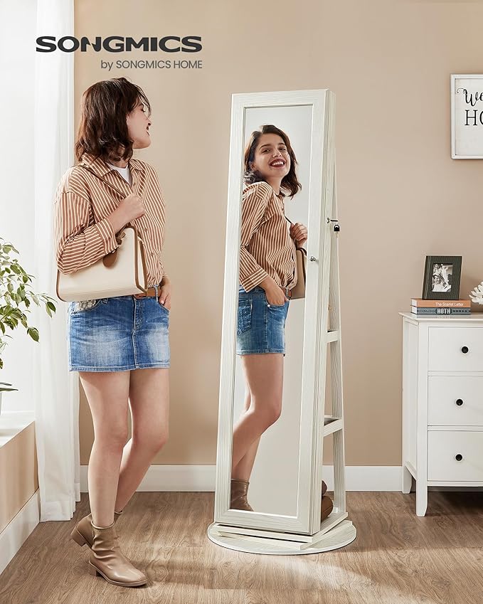 SONGMICS 360° Swivel Jewelry Cabinet, Lockable Jewelry Organizer with Full-Length Mirror, Rear Storage Shelves, Interior Mirror, Jewelry Armoire, Gift Idea, White with Gray Wood Grain UJJC006W01