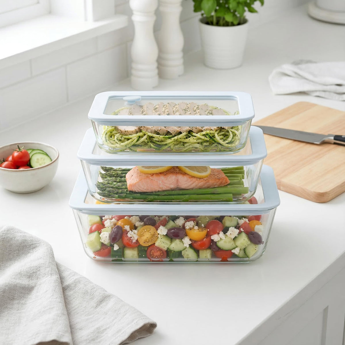 Urban Green Glass Food Container Set with Silicone Glass Lid, 3 Pack, Airtight, LeakProof, 100% Plastic Free, Meal Prep Food Storage Containers