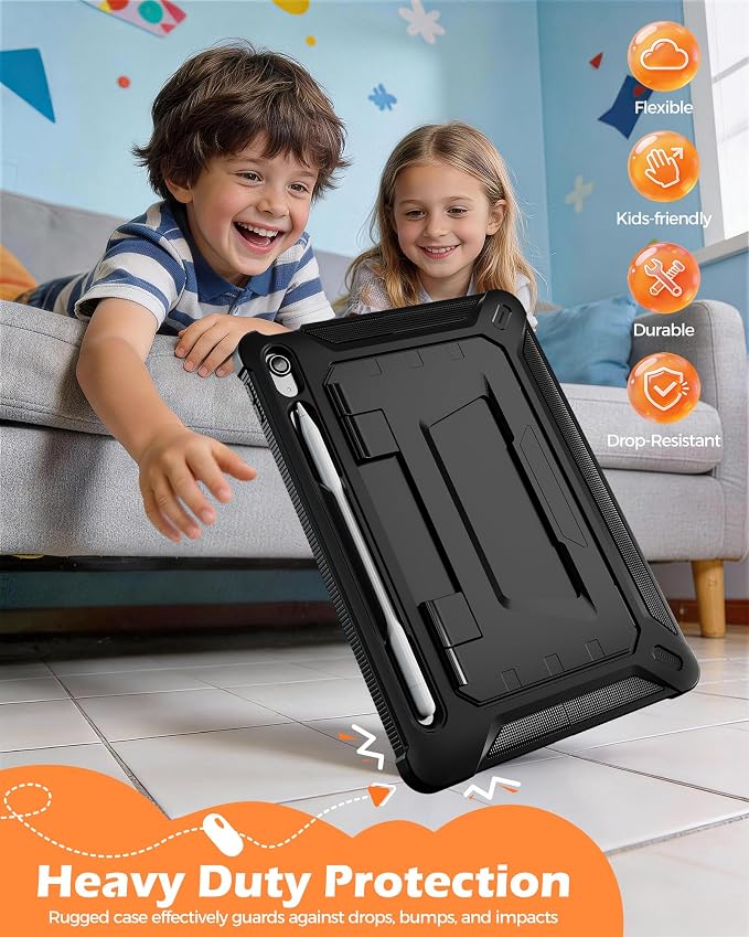 ProCase Kids Case for 11 iPad (A16) &amp 10.9 iPad 10th Gen Black | 180° Adjustable Kickstand with Pencil Holder 3-Layer Heavy Duty Rugged Shockproof Hard Shell Cover