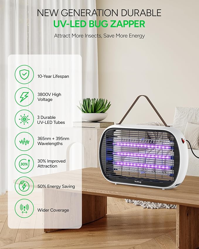 Buzbug Upgraded LED Bug Zapper Indoor, 10 Years Lifespan 3 Lamps Sustainable Less Power, 3800V Powerful Electric Mosquito Zapper, Durable Fly Trap Mosquito Trap, Fly Killer Fly Zapper (White)