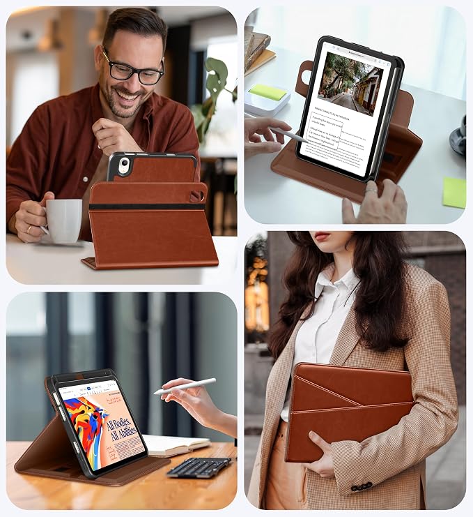 DTTO for iPad mini 7 A17 Pro 2024 aslo fit iPad mini 6 2021 Brown | 360 Degree Rotating Premium Faux Leather Folio Stand Cover with Pencil Holder Auto Sleep/Wake Multiple Angles Hand Strap