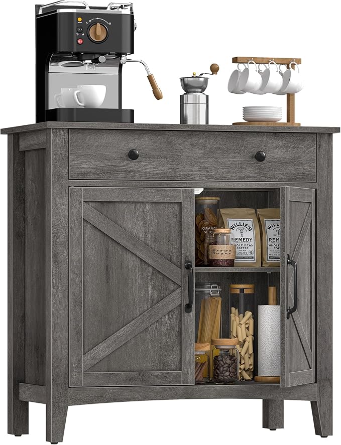 VASAGLE LIRY Collection - Buffet Cabinet, Coffee Bar Cabinet with a Drawer, Adjustable Shelf, Sideboard Storage with Cable Hole, Drawer Divider, Misty Gray UBBK341GW01S