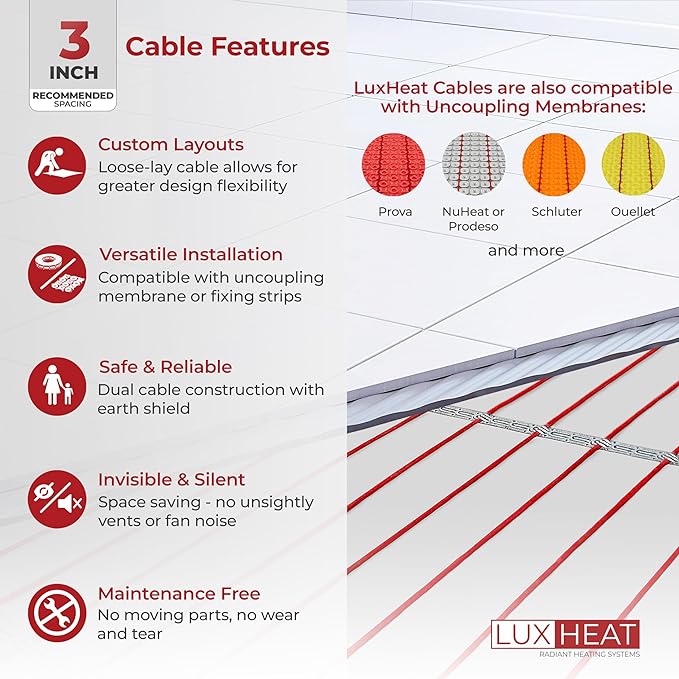 70sqft Floor Heating Cable Kit - 120v Underfloor Heating System for Tile - Heated Flooring System - Includes UDG Programmable Thermostat w/GFCI, Heated Floor Cable, Strapping, Sensor & Alarm