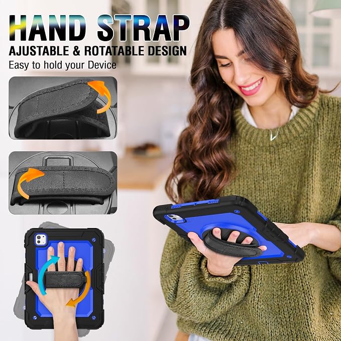 iPad Pro 11 Inch Case 2024 with Screen Protector Pen Holder | iPad Pro 11 5th Generation Case | Three Layer Shockproof Defender Protective Cover W/Stand Hand Strap for iPad A2836/A2837 | Black