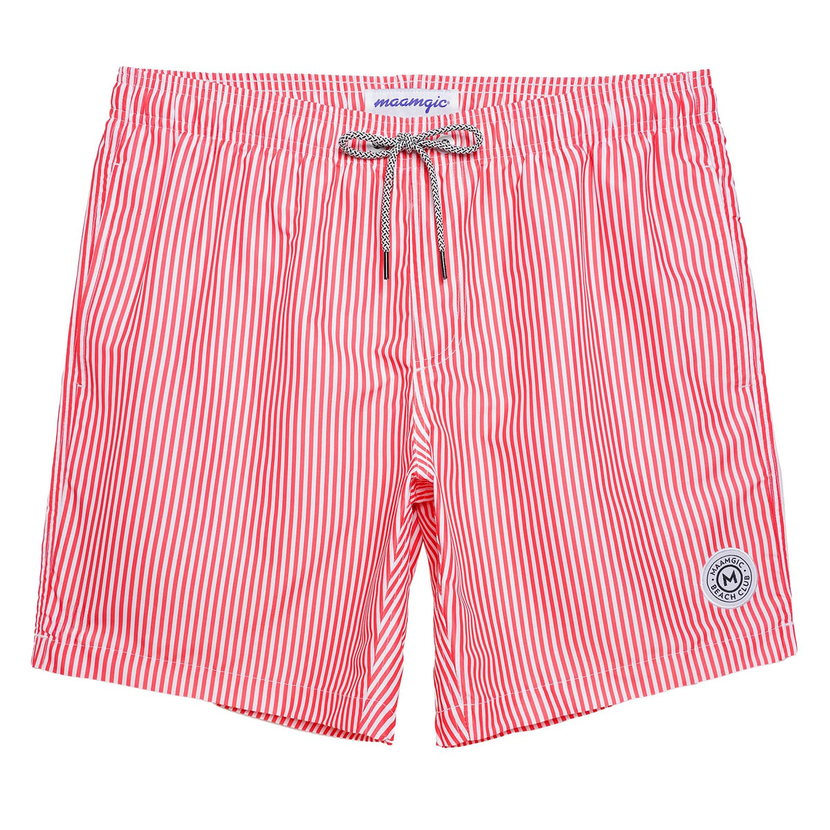 maamgic Mens Swim Trunks Quick Dry Swim Shorts with Mesh Lining Funny Swimwear Bathing Suits 7inch Red Striped XX-Large
