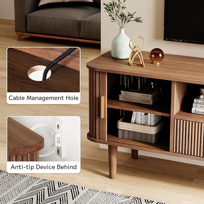 DAMCROP Fluted TV Stand, 55 Inch Mid Century Modern Media Console Table with Sliding Tambour Door Farmhouse Sideboard Buffet Cabinet Fits TVs up to 75 inch, Wood Entertainment Center for Living Room