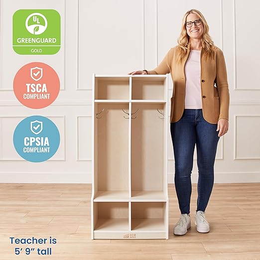 ECR4Kids 2-Section Coat Locker with Bench and Cubby Storage, Classroom Furniture, White Wash