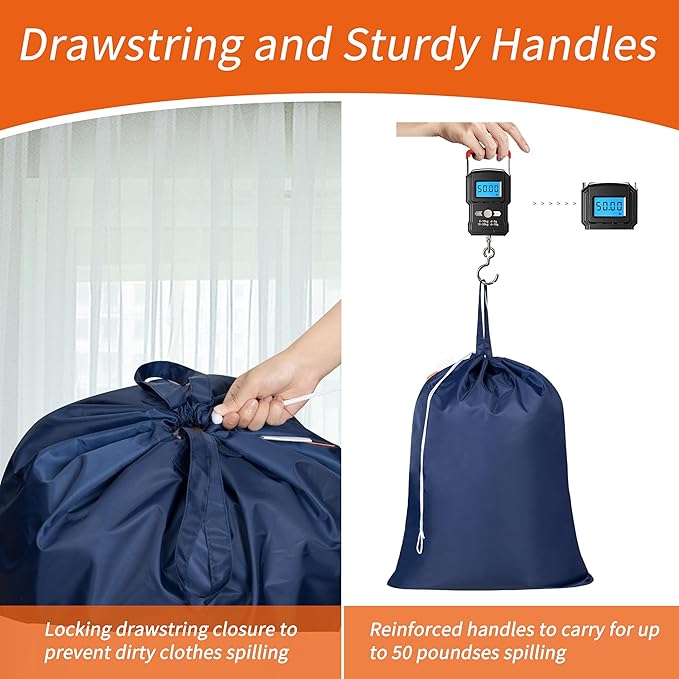 Polecasa Extra Heavy Duty Large Laundry Bag with Sturdy Handles and Drawstring Closure, 2 Pack 28 x 36 inches Durable Storage Bags for Basket, Hamper, College, Dorm, Travel, Navy