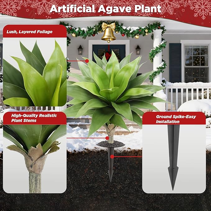 24 Inch Artificial Agave Plant with Ground Stake, Realistic Faux Succulents for Home Decor, UV-Resistant Fake Agave Plant for Indoor Outdoor Planters, Porch, Patio, Balcony, Poolside, 2 Pack