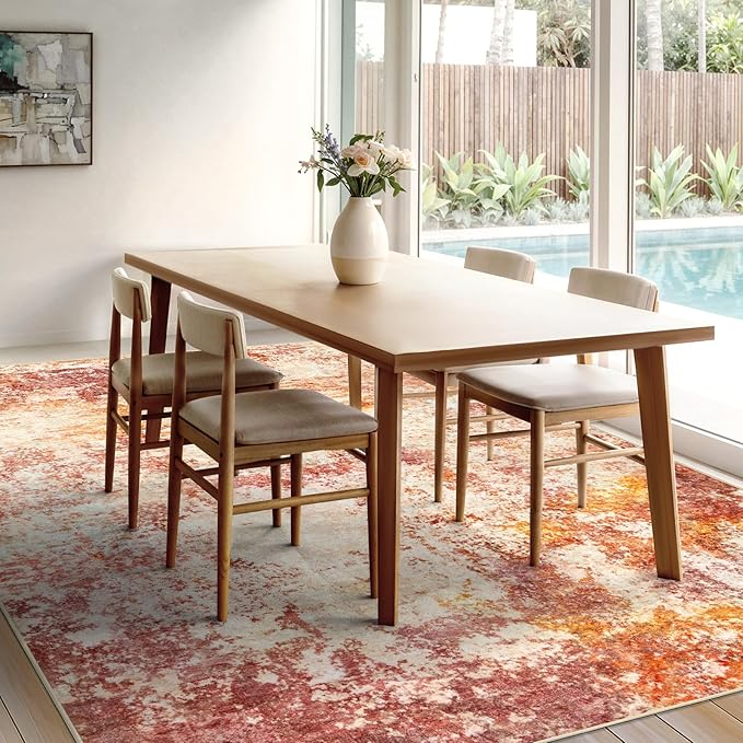 Area Rug Living Room Rugs - 8x10 Washable Modern Neutral Abstract Rugs Soft Low Pile No Slip Stain Resistant Rug Indoor Large Carpet for Bedroom Dining Room Nursery Room Home - Pink/Orange