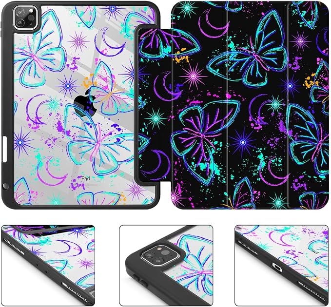 Mektron Case for iPad Pro 11 inch Case M2 2022 Generation 4th Fit 2021 2020 2018 iPad Pro 11 (3rd 2nd &amp 1st Gen) -Buit in Pencil Holder with Shockproof Cover Clear Shell Blue Bows &amp Flower