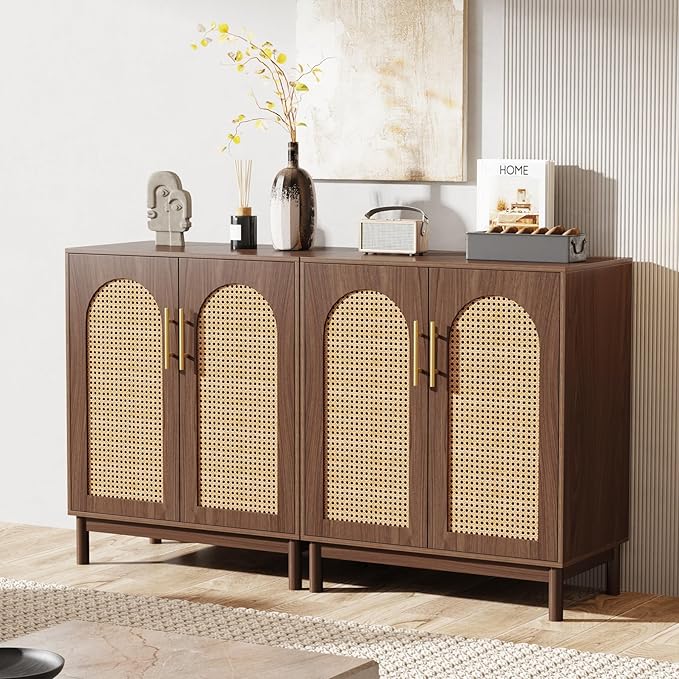 Tribesigns Set of 2 Rattan Sideboard Buffet Cabinet with Storage, 59 Inch Accent Cabinet for Dining Room, Living Room, Kitchen, Rattan and Dark Brown