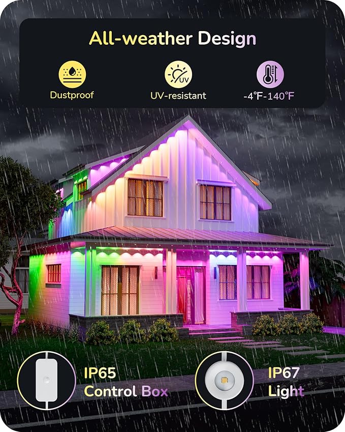 EDISHINE 120ft Smart Permanent Outdoor Eave Lights, 80 LED RGB+IC+Warm/Cool White Christmas Light, App & Remote Control, 50 Scene Modes IP67 Waterproof for House Year-Round Decor, Alexa Google Enable