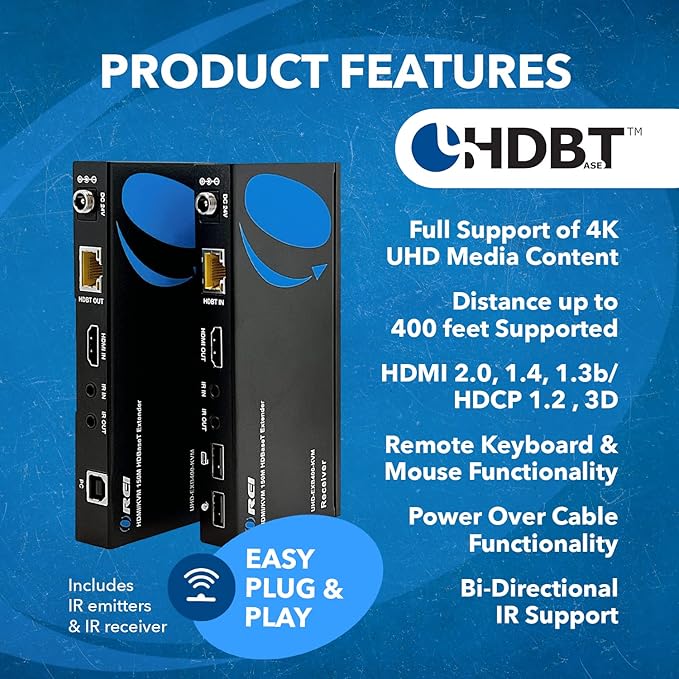 OREI 4K@60Hz KVM HDMI Extender Over Ethernet PoC Single HDBaseT CAT5e/CAT6A/CAT7 Cable - Upto 400 feet 4:4:4 - Remote, Keyboard, Mouse, USB Control