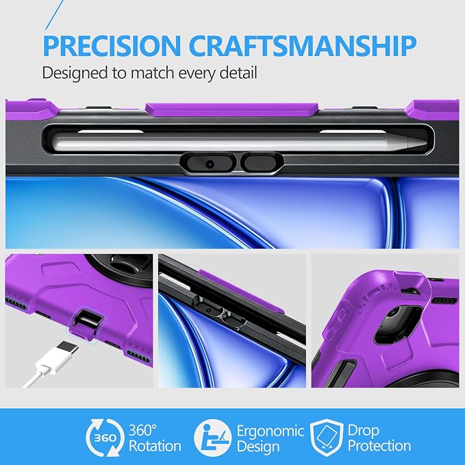 Case for iPad 9th/8th/7th Generation 10.2 Inch Black | Shockproof Protective Silicone Cover with Rotatable Stand-Screen Protector-Handle- Shoulder strap- Pencil holder
