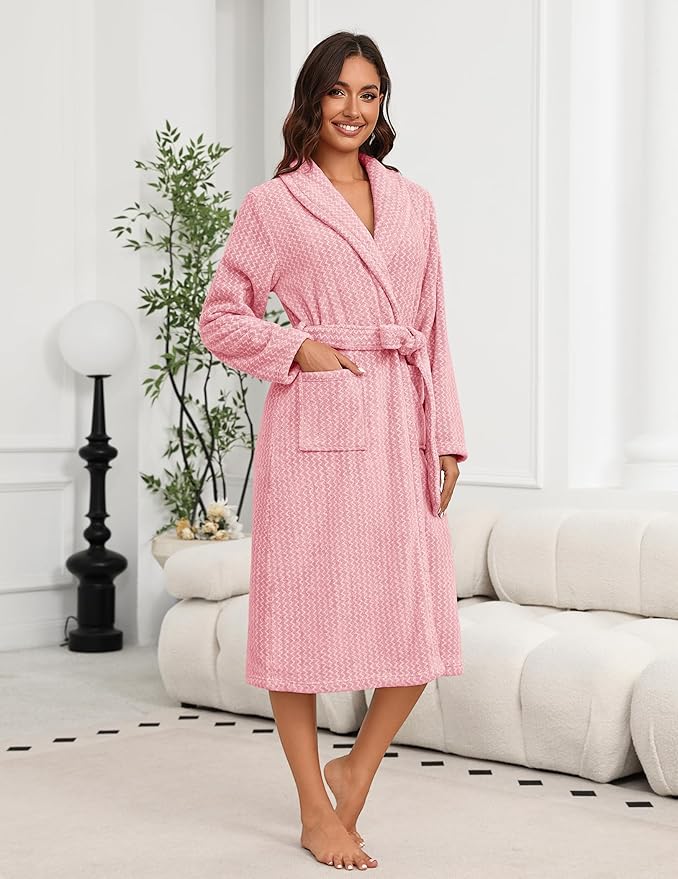 Ekouaer Women's Robe Plush Soft Long Bathrobe Cozy Warm Shawl Collar Spa Robe with Pockets