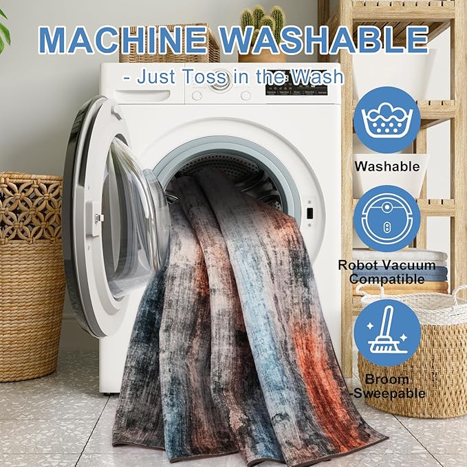 WILLSUN Washable Area Rugs, 2x3 Non-Slip Boho Small Area Rugs for Entryway, Kitchen, Bathroom, Machine Washable Vintage Rug, Indoor Floral Print Carpet for Home Decor, Kid & Pet Friendly Mat