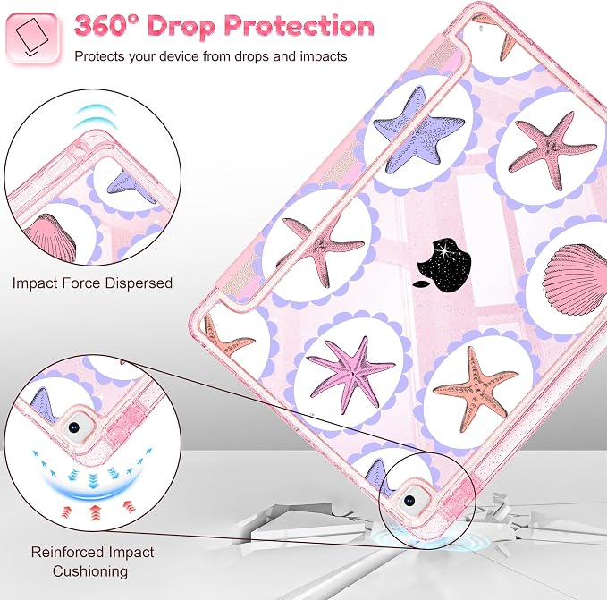 Mektron Sparkly Case for iPad 10.2 inch Glitter Tablet Cases for iPad 9th Gen 2021/8th Gen 2020/7th Gen 2019 Cover with Shiny Clear Back Shell Foldable Bling Smart Cover Blue Floral