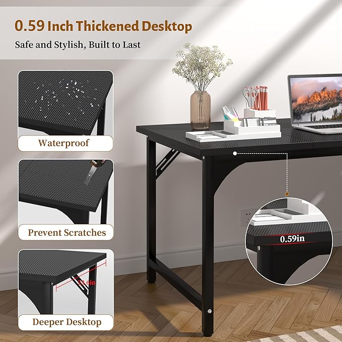 47inch Computer Desk with Deeper Carbon Fiber Desktop, Gaming Office Desk with Sturdy Metal Frame,Home Office Desk for Gaming, Working, Studying, Black