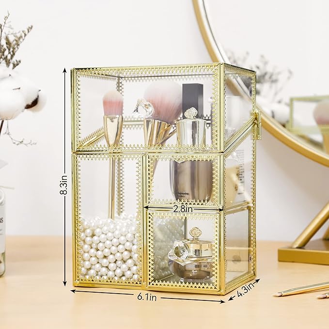 Vintage Makeup Organizer Gold Glass Brush Holder with Lid Storage Dustproof Cosmetics Case with Pearls for Vanity Decoration Jewelry Nail Brush Lipstick