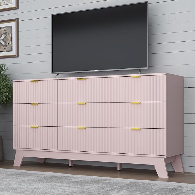 Fluted 9 Drawer Dresser, 57.1" Wide Modern Boho Chest of Drawers, Wooden Storage Dresser TV Stand for Bedroom, Living Room, Closet, Hallway, Curved Profile Design