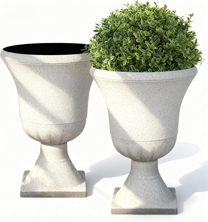 22" Urn Planters Outdoor Planter for Plants Set of 2 Timeless Plastic Large Flower Pot with Drainage Hole Terrazzo White Garden Pots for Porch, Patio Christmas Decor