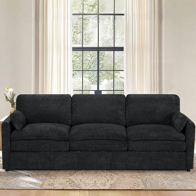 89” Chenille Sofa w/Arm Pillows, Upholstered 3-Seater Sofa w/Comfortable Back Cushions, Modern 3 Seats Couch w/High-Density Foam for Living Room, Apartment, Office, Black